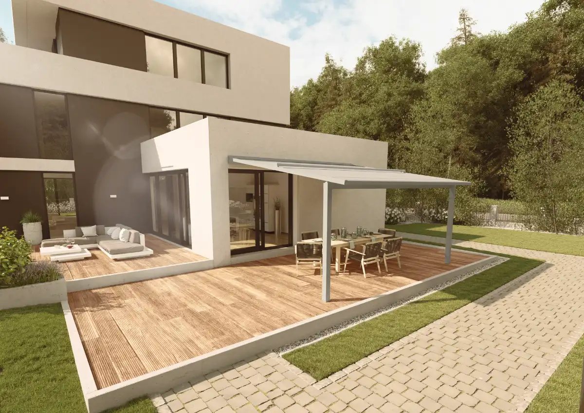 Einladende Terrasse mit Pergolamarkise Moderne Terrasse mit Überdachung und stilvollen Gartenmöbeln