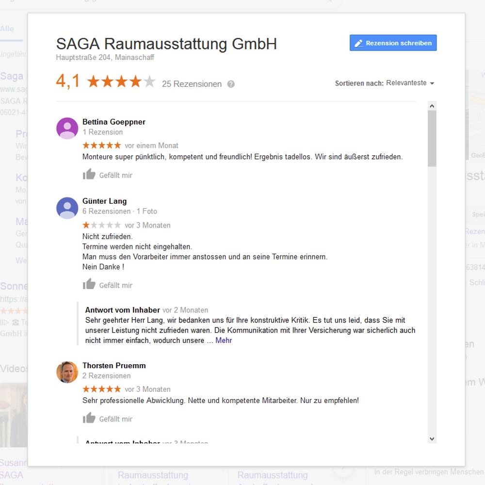 Google Bewertungen | SAGA ist seit 50 Jahren Spezialist für Gardinen, Bodenbelag, Sonnenschutz, Sonnensegel, Markisen, Pergola, Rolladen, Insektenschutz, Wasserschaden, Renovierung und Raumausstattung in Aschaffenburg