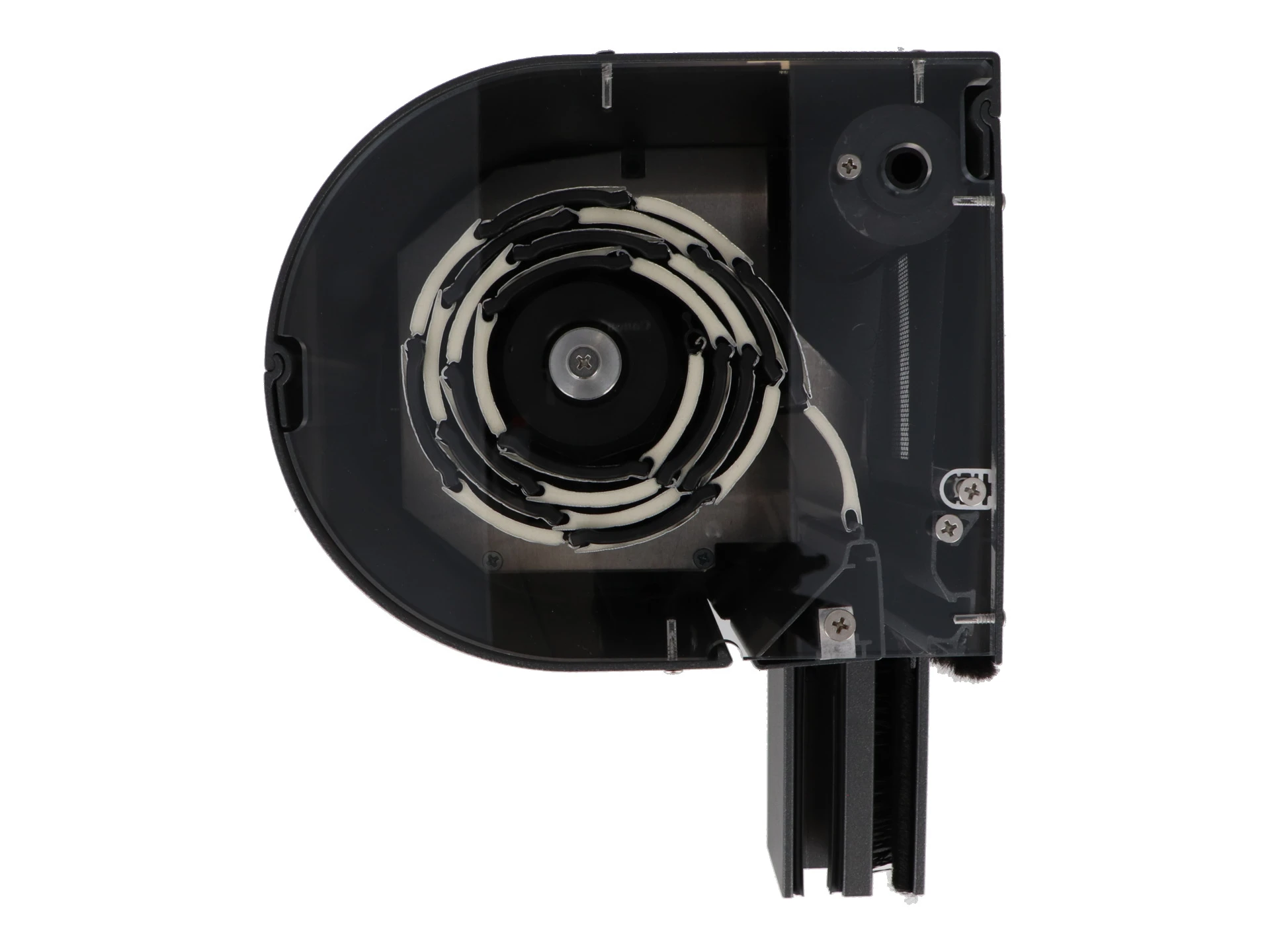 Nahaufnahme eines transparenten Gehäuses mit einer Spule und mechanischen Komponenten