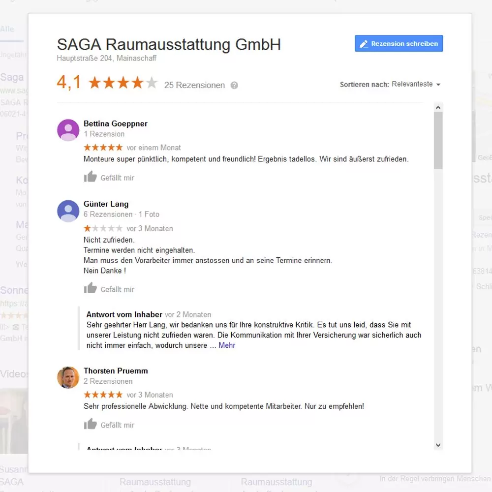 Google Bewertungen | SAGA ist seit 50 Jahren Spezialist für Gardinen, Bodenbelag, Sonnenschutz, Sonnensegel, Markisen, Pergola, Rolladen, Insektenschutz, Wasserschaden, Renovierung und Raumausstattung in Aschaffenburg