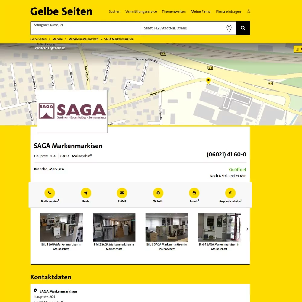 Gelbe Seiten Bewertungen | SAGA ist seit 50 Jahren Spezialist für Gardinen, Bodenbelag, Sonnenschutz, Sonnensegel, Markisen, Pergola, Rolladen, Insektenschutz, Wasserschaden, Renovierung und Raumausstattung in Aschaffenburg